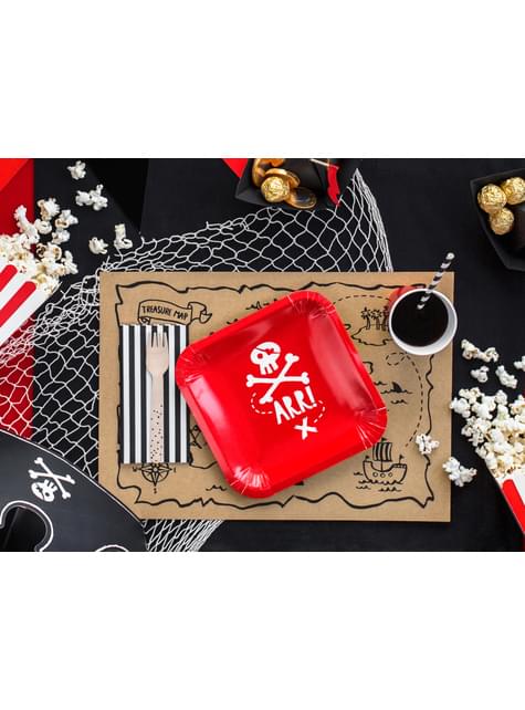 6 platos rojos cuadrados “Arr!“ de papel (20 cm) - Pirates Party - Partydeco | Funidelia