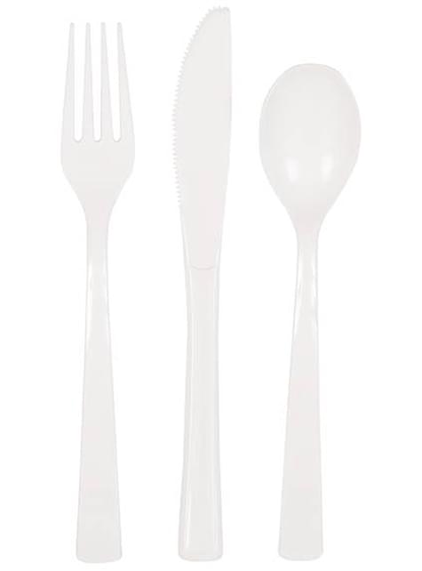 6 tenedores, 6 cucharas y 6 cuchillos de plástico de color blanco