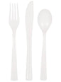 6 tenedores, 6 cucharas y 6 cuchillos de plástico de color blanco