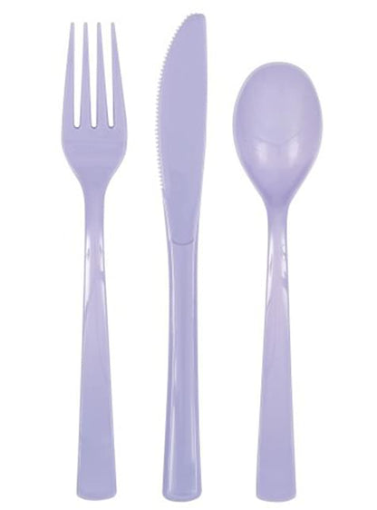 6 tenedores, 6 cucharas y 6 cuchillos de plástico de color lila - Unique | Funidelia