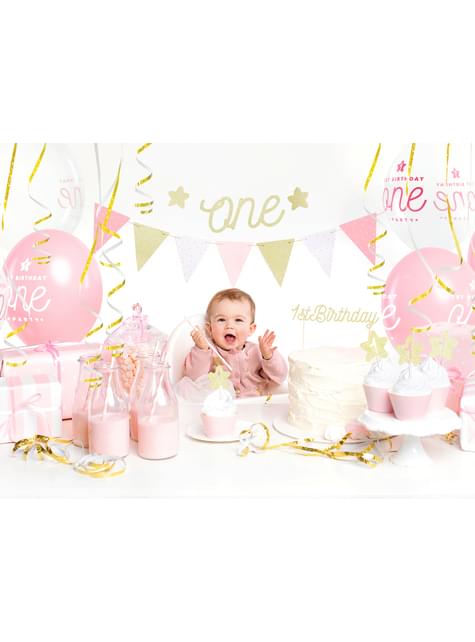 6 toppers decorativos “1“ con forma de estrella dorada - Pink 1st Birthday - Partydeco | Funidelia