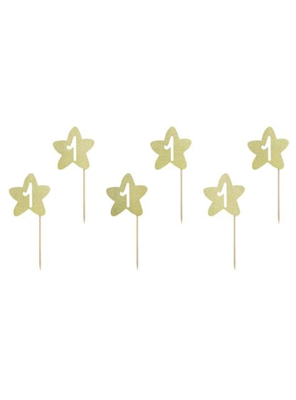 6 toppers decorativos “1“ con forma de estrella dorada - Pink 1st Birthday - Partydeco | Funidelia