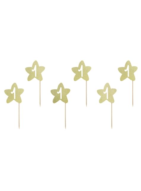 6 toppers decorativos “1“ con forma de estrella dorada - Pink 1st Birthday - Partydeco | Funidelia