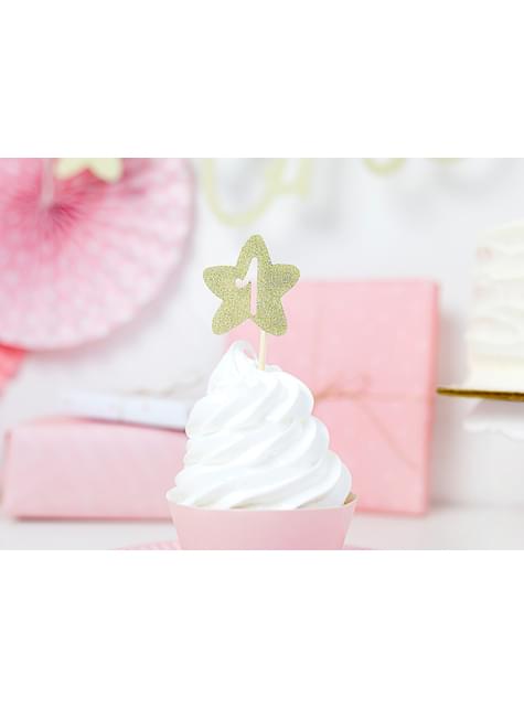 6 toppers decorativos “1“ con forma de estrella dorada - Pink 1st Birthday - Partydeco | Funidelia