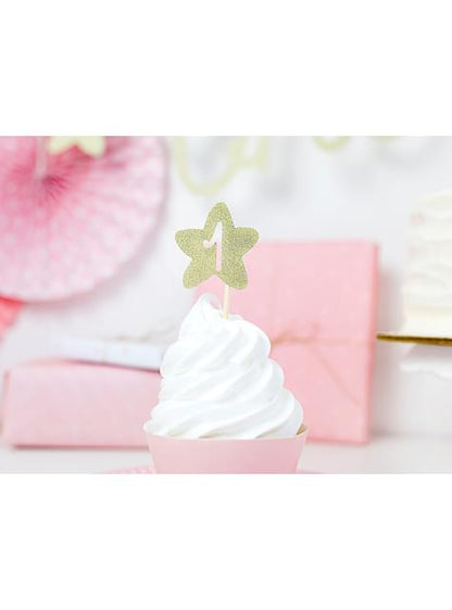 6 toppers decorativos “1“ con forma de estrella dorada - Pink 1st Birthday - Partydeco | Funidelia