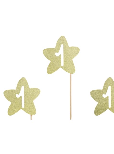 6 toppers decorativos “1“ con forma de estrella dorada - Pink 1st Birthday - Partydeco | Funidelia