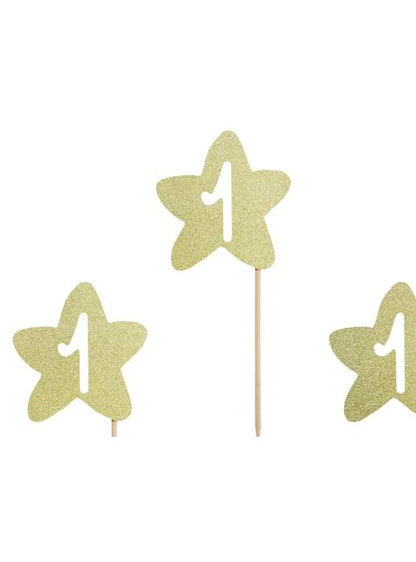 6 toppers decorativos “1“ con forma de estrella dorada - Pink 1st Birthday - Partydeco | Funidelia