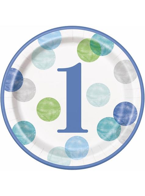 8 platos azules de primer cumpleaños (23 cm) - Blue Dots 1st Birthday - Unique | Funidelia