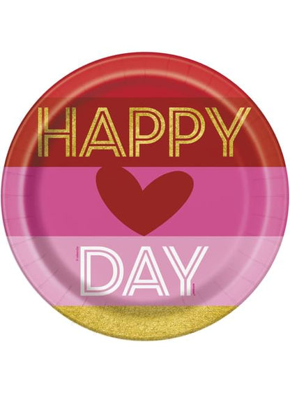 8 platos con corazón y rayas (23 cm) - Gold Happy Valentines - Unique | Funidelia
