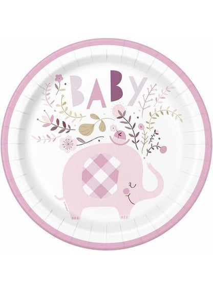 8 platos elefante rosa baby Shower (23 cm) - Pink Floral Elephant - Unique | Funidelia