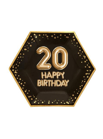 8 platos hexagonales “20 Happy Birthday“ de papel (27 cm) - Glitz & Glamour Black & Gold - Neviti | Funidelia