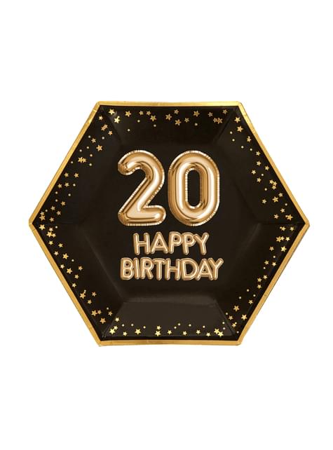 8 platos hexagonales “20 Happy Birthday“ de papel (27 cm) - Glitz & Glamour Black & Gold - Neviti | Funidelia