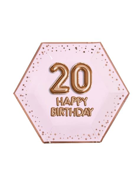 8 platos hexagonales “20 Happy Birthday“ de papel (27 cm) - Glitz & Glamour Pink & Rose Gold - Neviti | Funidelia