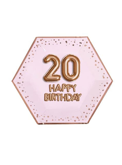 8 platos hexagonales “20 Happy Birthday“ de papel (27 cm) - Glitz & Glamour Pink & Rose Gold - Neviti | Funidelia