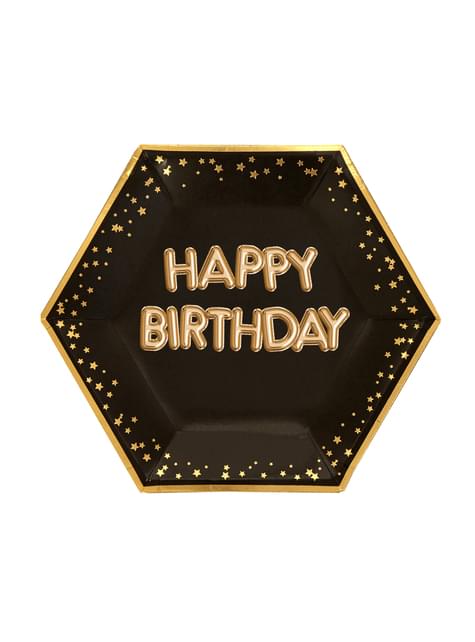 8 platos hexagonales “Happy Birthday“ de papel (27 cm) - Glitz & Glamour Black & Gold - Neviti | Funidelia