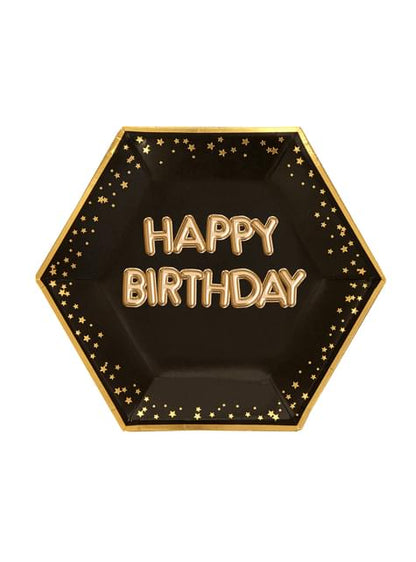 8 platos hexagonales “Happy Birthday“ de papel (27 cm) - Glitz & Glamour Black & Gold - Neviti | Funidelia
