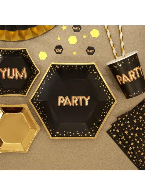 8 platos hexagonales medianos de papel “Party“ de papel (20 cm) - Glitz & Glamour Black & Gold