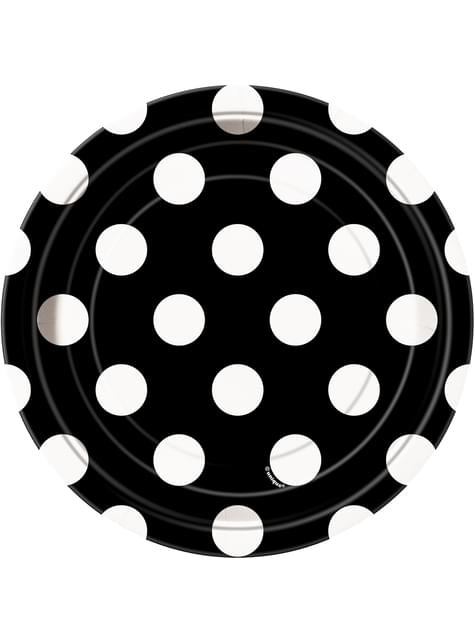 8 platos negro con topos blancos pequeños (18 cm)