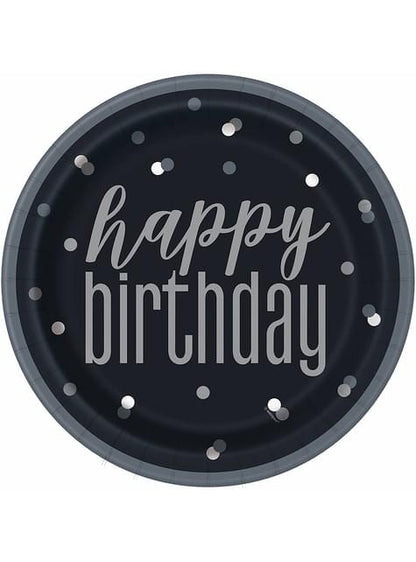 8 platos negros “Happy Birthday“ (23 cm) - Black & Silver Glitz - Unique | Funidelia