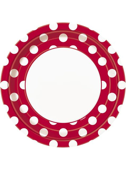 8 platos rojo con topos blancos (23 cm) - Línea Colores Básicos - Unique | Funidelia