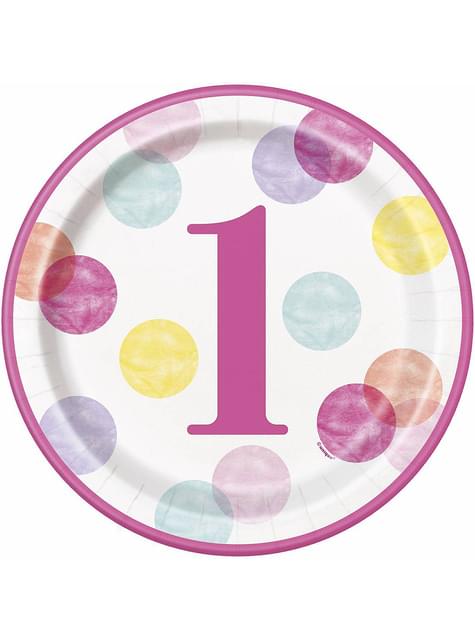8 platos rosas de primer cumpleaños (23 cm) - Pink Dots 1st Birthday - Unique | Funidelia