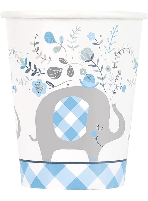 8 vasos Baby Shower de elefante azul - Blue Floral Elephant