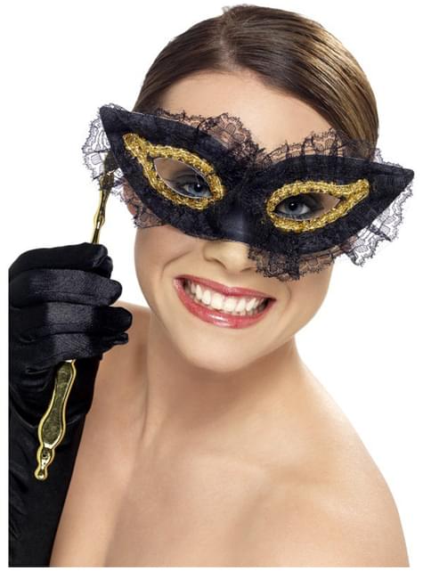 Antifaz veneciano dorado y negro para mujer