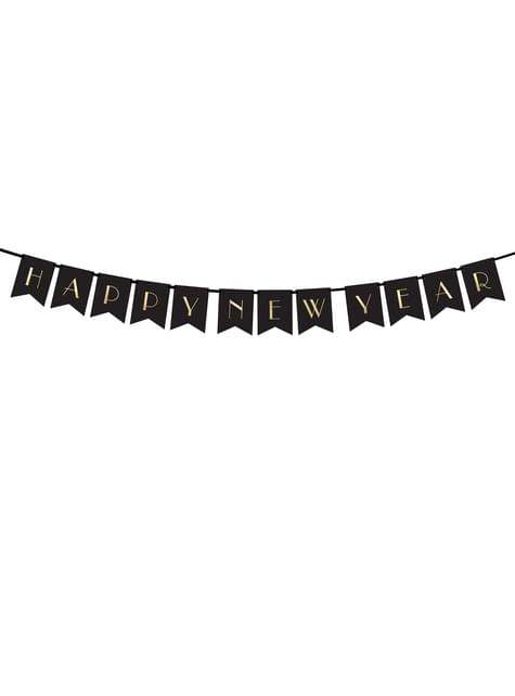 Banderín “Happy New Year“ negro y dorado - New Year’s Eve Collection - Partydeco | Funidelia