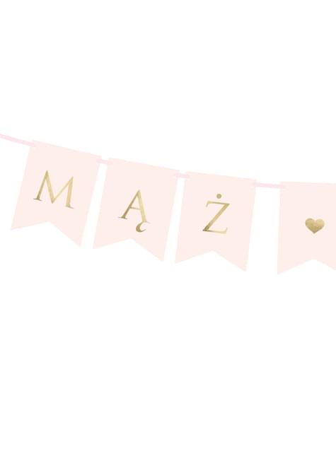 Banderín “MĄŻ ŻONA“ rosa pastel y dorado con corazón - Wedding in rose colour - Partydeco | Funidelia