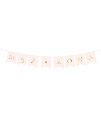 Banderín “MĄŻ ŻONA“ rosa pastel y dorado con corazón - Wedding in rose colour - Partydeco | Funidelia