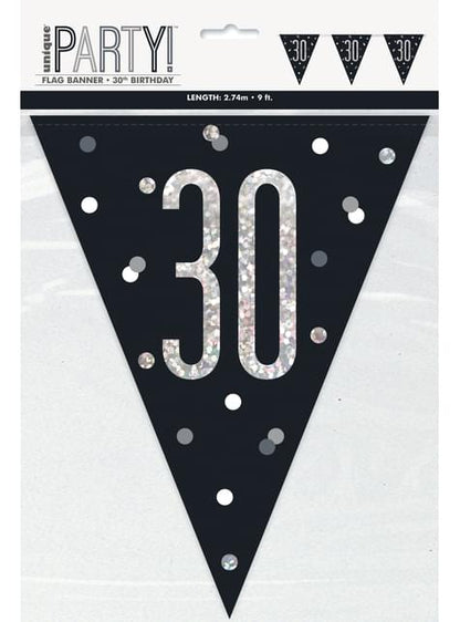 Banderines “30“ años negros - Black & Silver Glitz - Unique | Funidelia