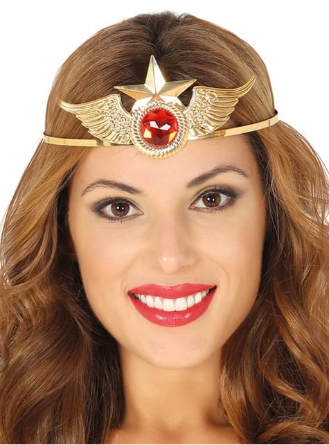 Diadema de superhéroe dorada con rubí