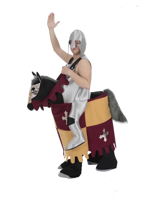 Disfraz de caballero medieval sobre caballo ride on para adulto