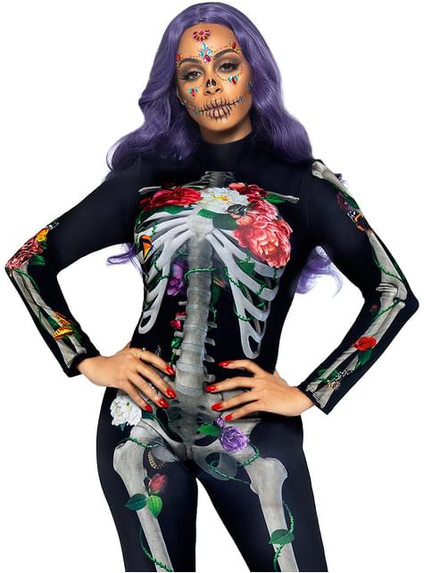Disfraz de esqueleto 3D con flores para mujer