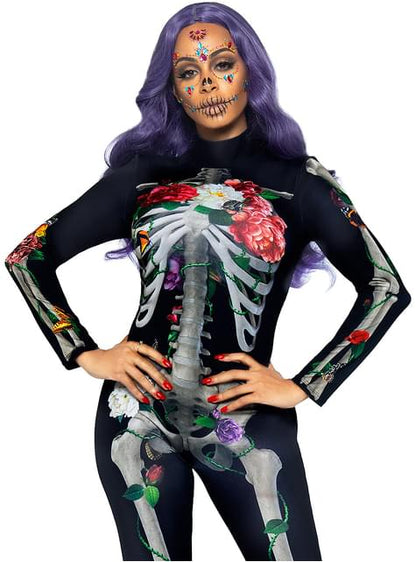 Disfraz de esqueleto 3D con flores para mujer