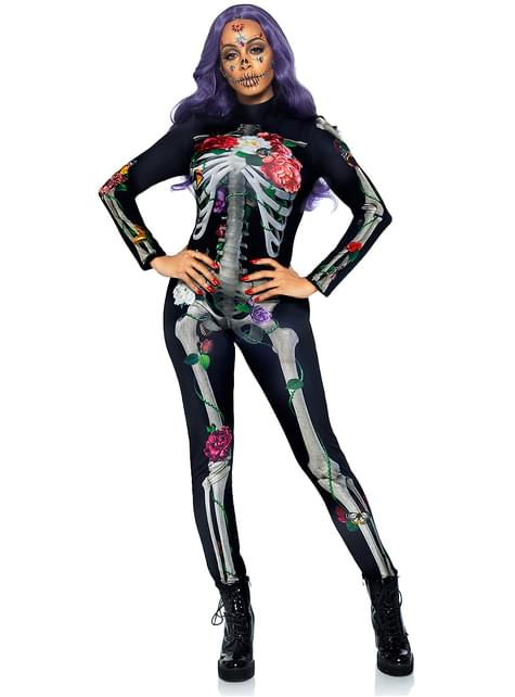 Disfraz de esqueleto 3D con flores para mujer