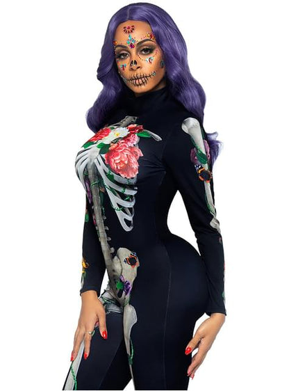 Disfraz de esqueleto 3D con flores para mujer