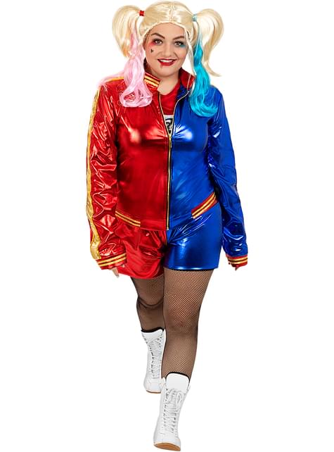 Disfraz de Harley Quinn para mujer con peluca y bate hinchable talla grande - Escuadrón Suicida - Funiglobal | Funidelia