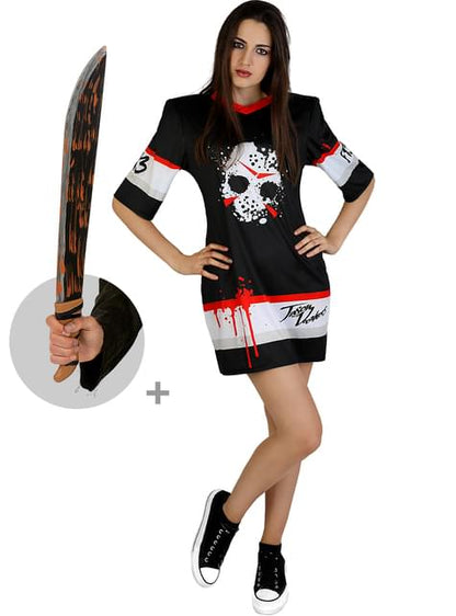 Disfraz de Jason Viernes 13 hockey para mujer con machete talla grande - Funiglobal | Funidelia