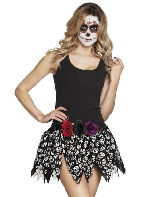 Falda de día de los muertos negra para mujer