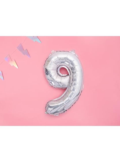 Globo foil “9“ plateado con purpurina (35 cm) - Partydeco | Funidelia