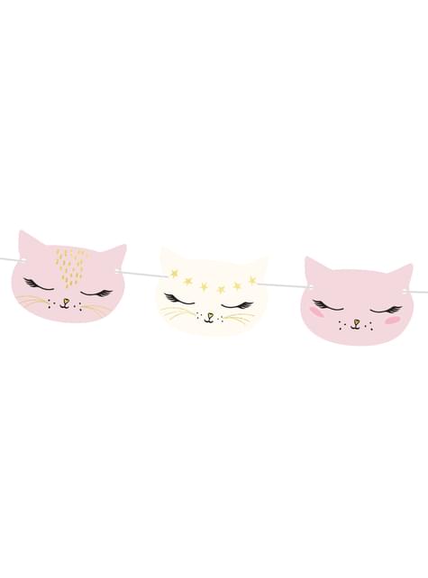 Guirnalda con caras de gato rosa pastel de papel - Meow Party - Partydeco | Funidelia