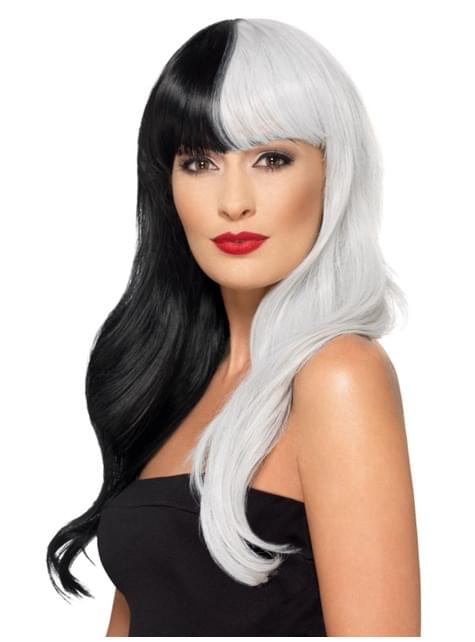Peluca de bruja deluxe blanca y negra para mujer