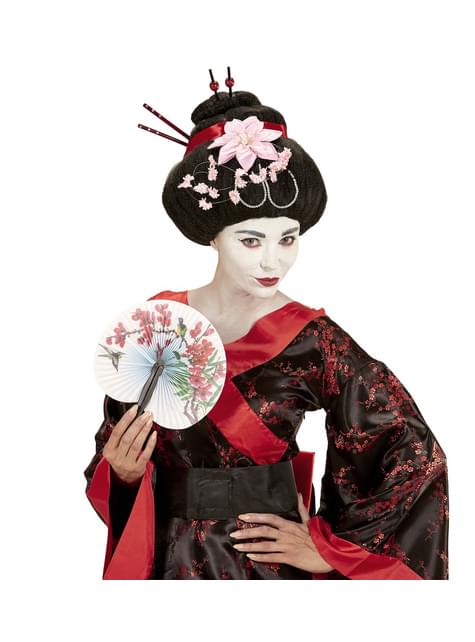 Peluca de geisha con flores para mujer