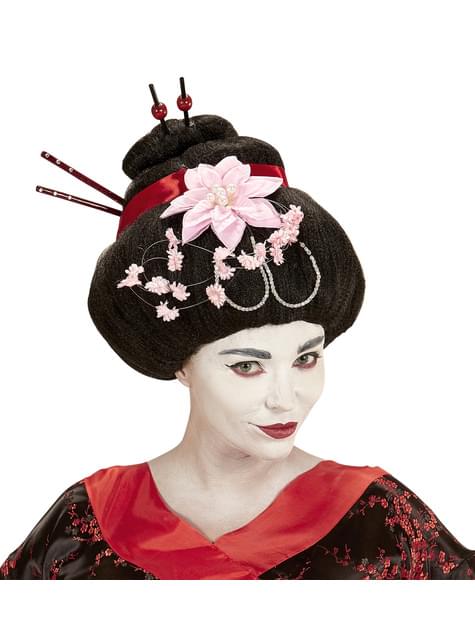 Peluca de geisha con flores para mujer
