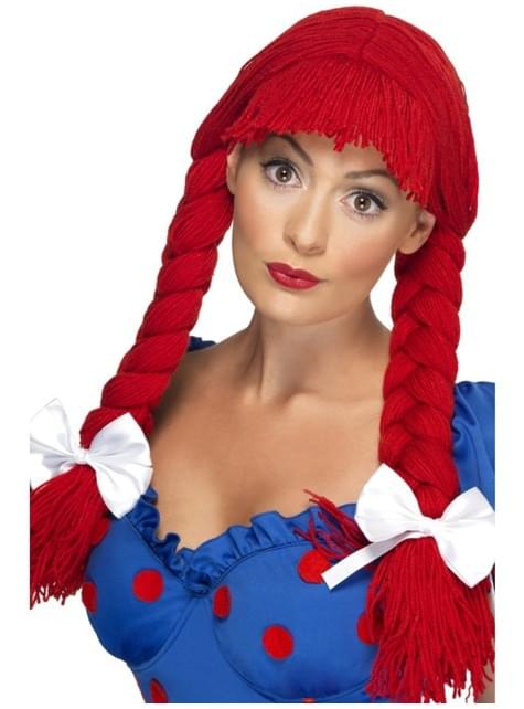 Peluca de muñeca de trapo roja con trenzas y lazo para mujer