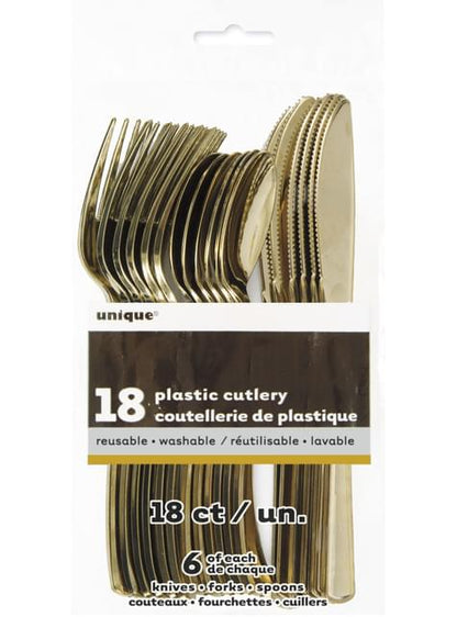 Set de cubiertos de plástico dorados - Línea Colores Básicos - Unique | Funidelia