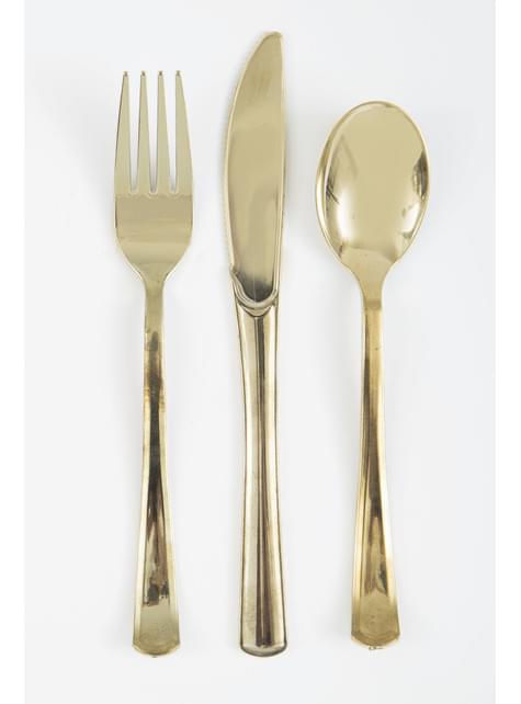 Set de cubiertos de plástico dorados - Línea Colores Básicos - Unique | Funidelia