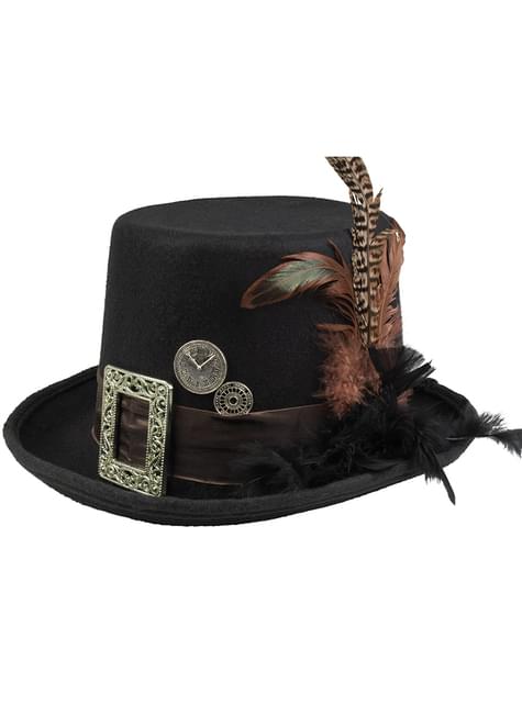 Sombrero steampunk negro con hebilla y plumas para adulto - Boland | Funidelia